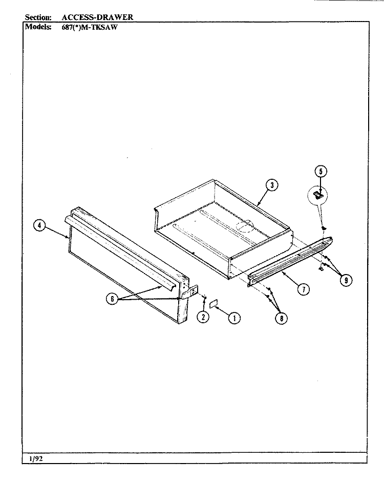 DRAWER Diagram and Parts List for 687AM-TKSAW  Admiral Range