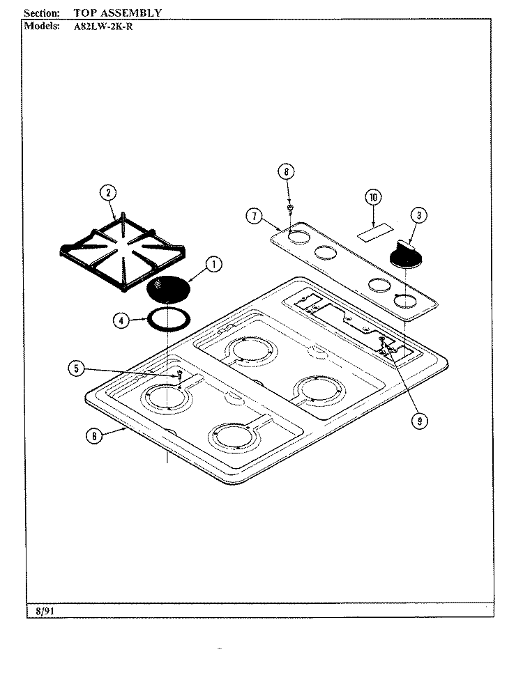 CONTROL PANEL / TOP ASSY. Diagram and Parts List for A82LW-2K-R  Admiral Cooktop