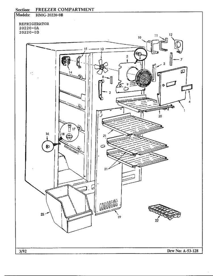 Freezer Compartment Diagram and Parts List for 20220-0A  Admiral Refrigerator