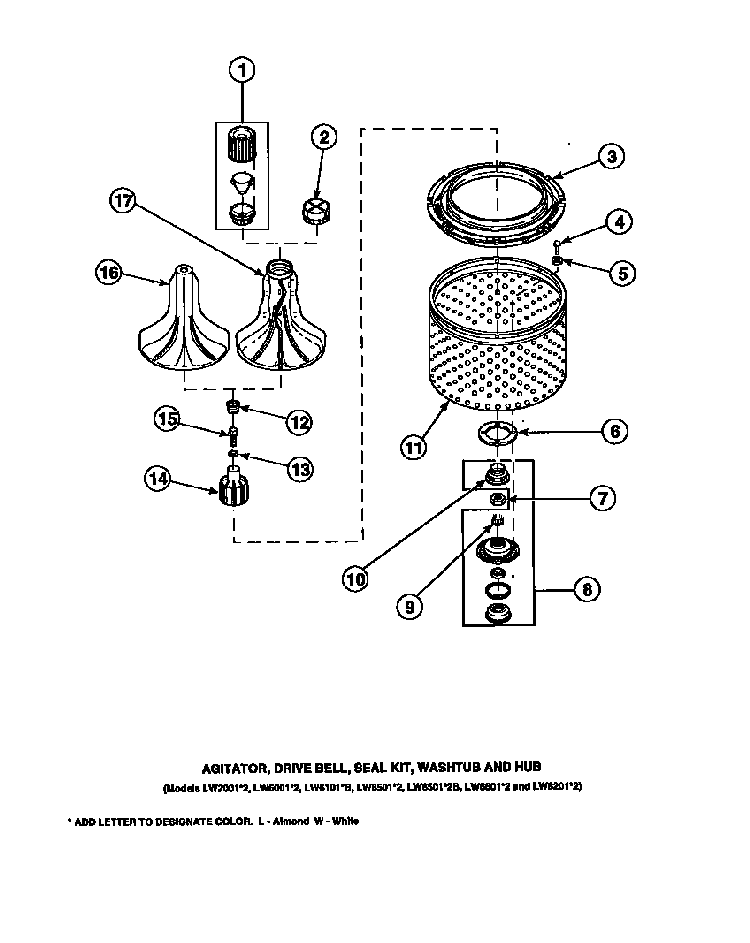 Agitator, Drive Bell, Seal Kit, Washtub And Hub Diagram and Parts List for CW8202W2-PCW8202W2A  Crosley Washer