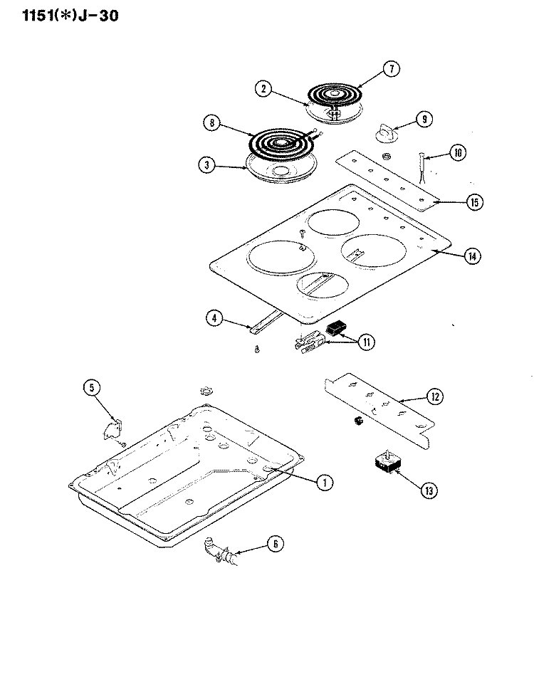 TOP ASSY. Diagram and Parts List for 1151WJ-30  Hoover Cooktop