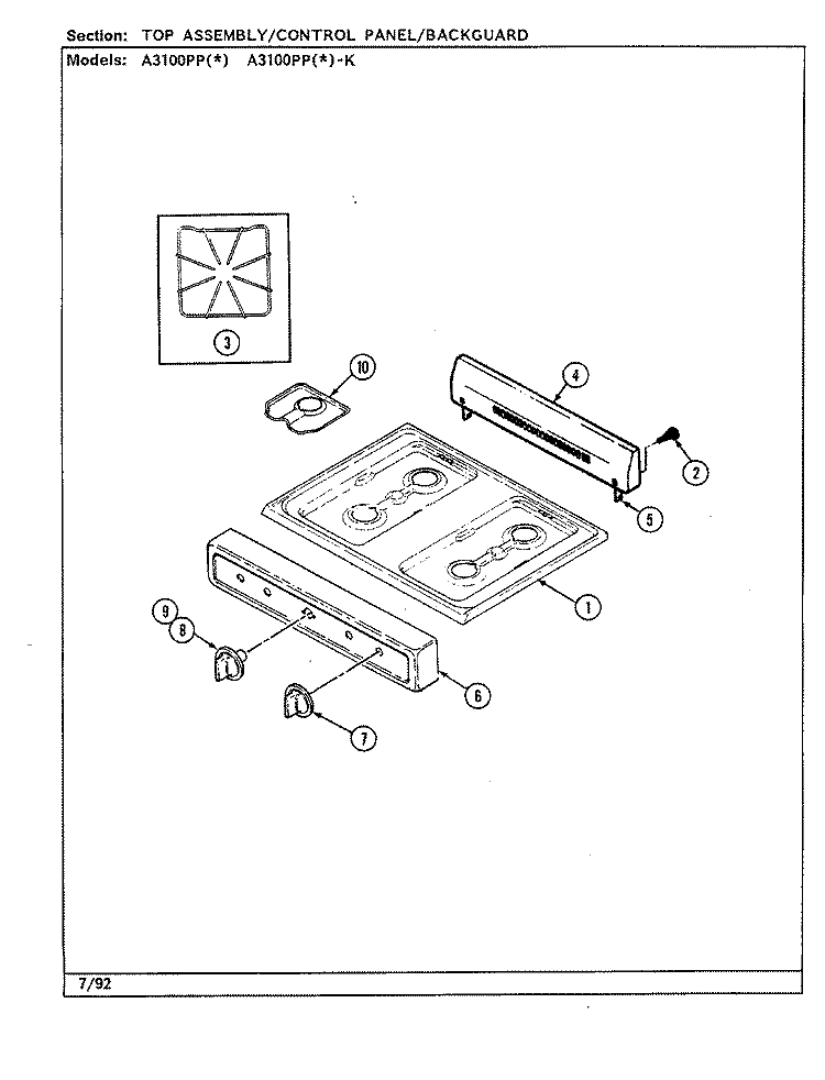 TOP ASSY. / CONTROL PANEL Diagram and Parts List for A3100PPW  Admiral Range