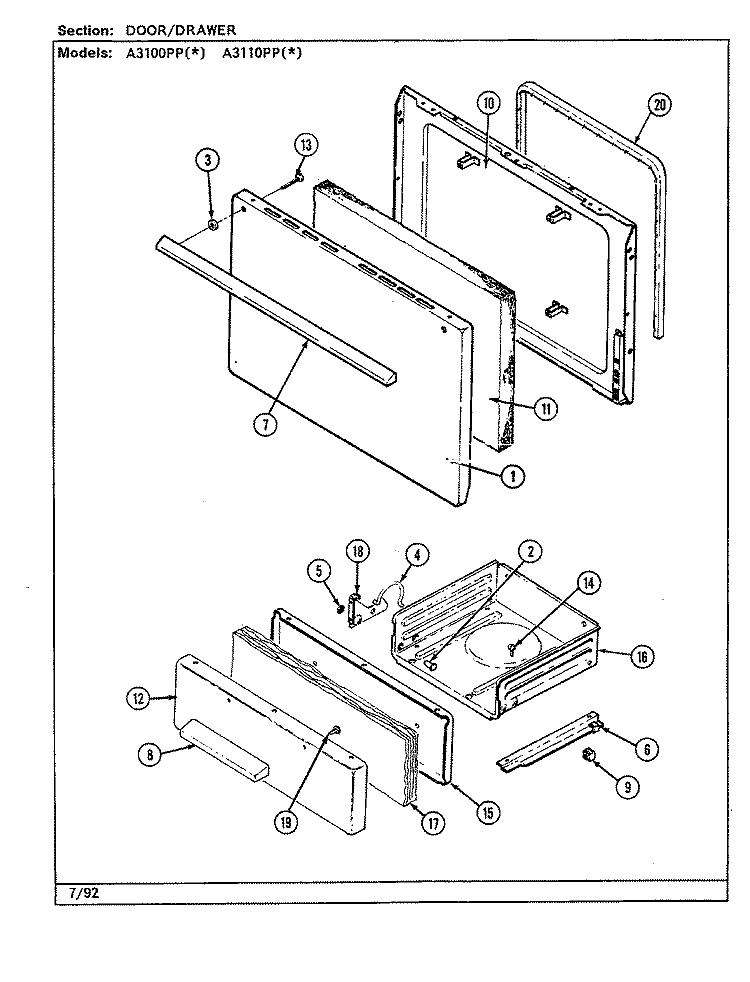 DOOR / DRAWER Diagram and Parts List for A3100PPA  Admiral Range