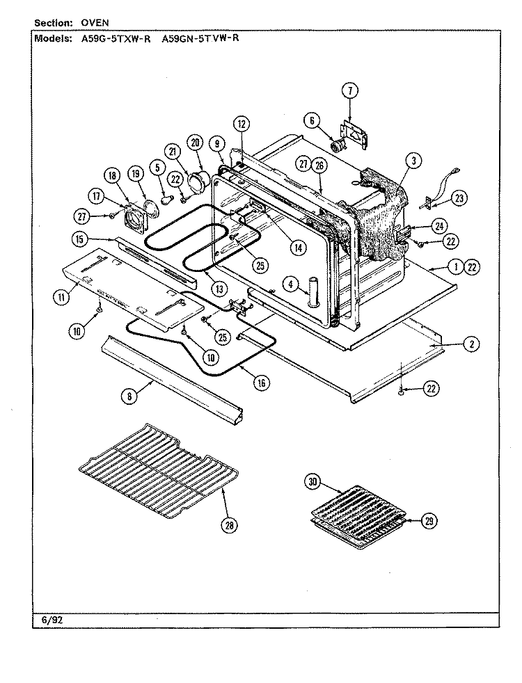 OVEN Diagram and Parts List for A59GN-5TVW-R  Admiral Range