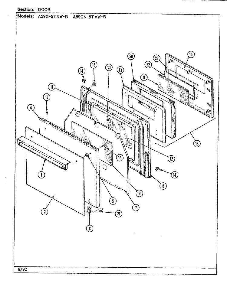 DOOR Diagram and Parts List for A59G-5TXW-R  Admiral Range