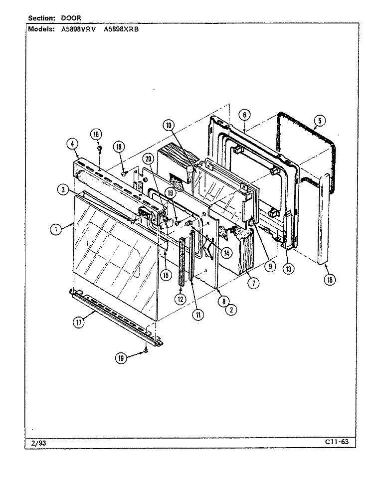 DOOR Diagram and Parts List for A5898XRB  Admiral Range