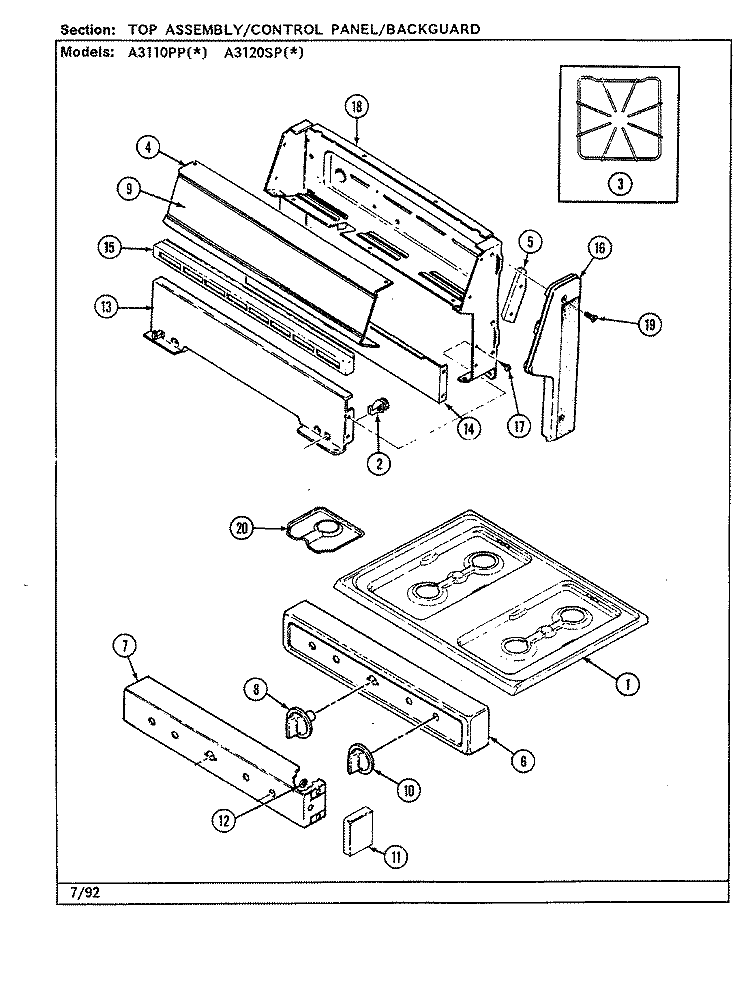 TOP ASSY. / CONTROL PANEL Diagram and Parts List for A3110PPW  Admiral Range