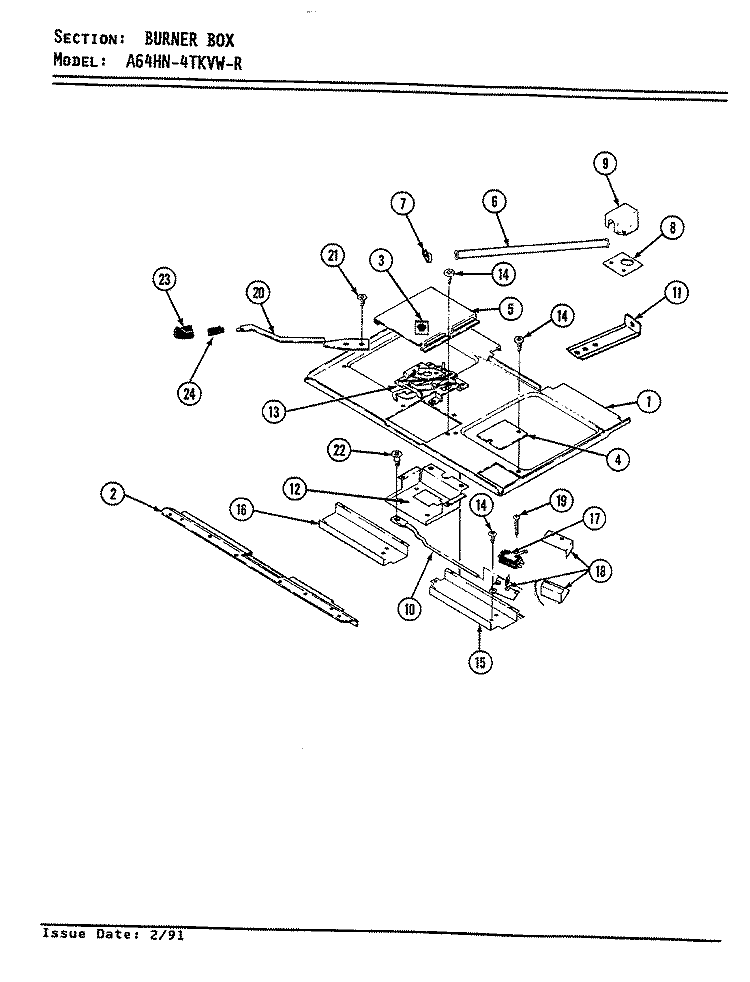 BURNER BOX Diagram and Parts List for A64HN-4TKVW-R  Admiral Range