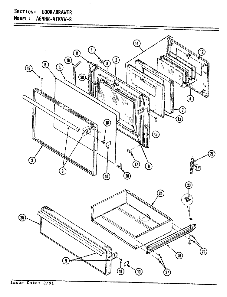 DOOR \ DRAWER Diagram and Parts List for A64HN-4TKVW-R  Admiral Range