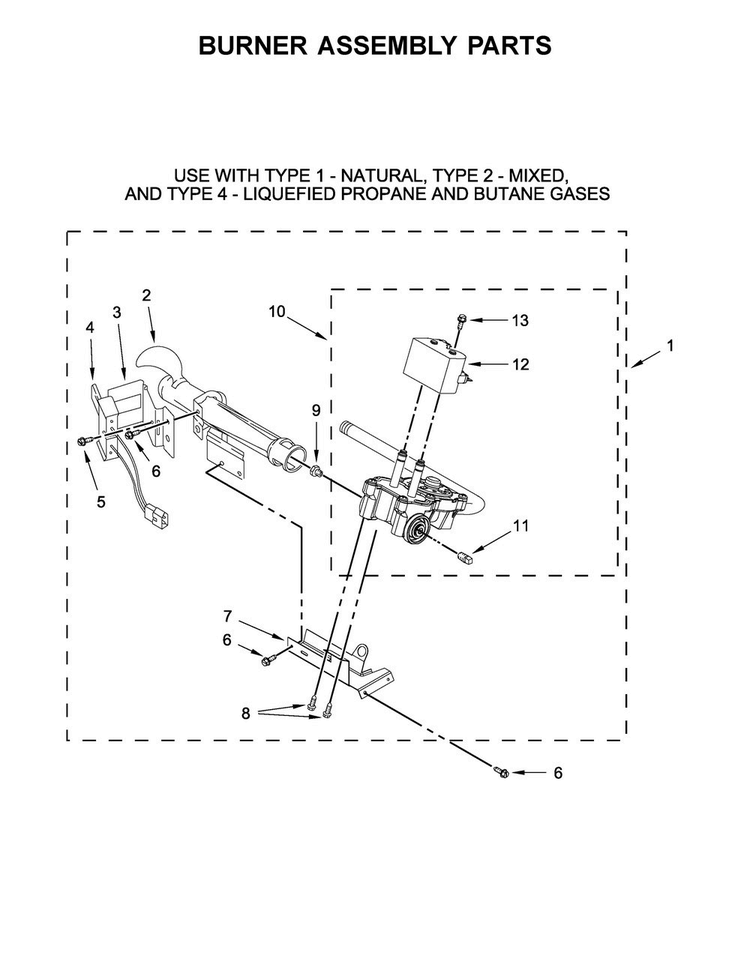 Burner Assembly Parts Diagram and Parts List for MGDB766FW0  Maytag Dryer
