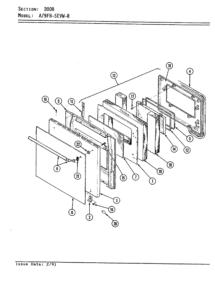 DOOR Diagram and Parts List for A79FN-5EVW-R  Admiral Wall Oven