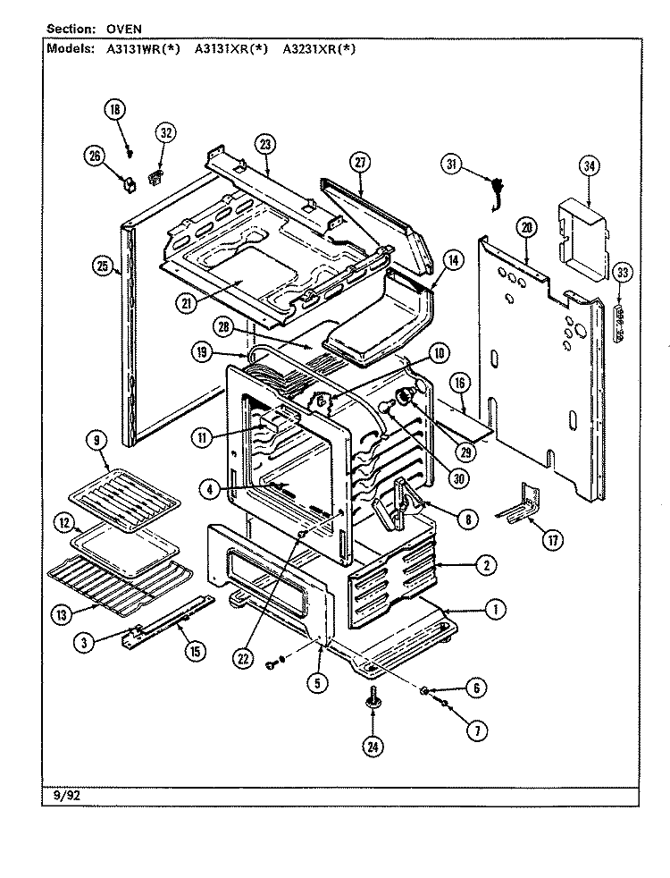 OVEN Diagram and Parts List for A3131WRW  Admiral Range