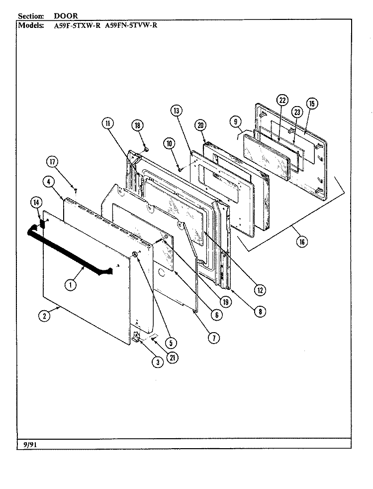 DOOR Diagram and Parts List for A59F-5TXW-R  Admiral Wall Oven