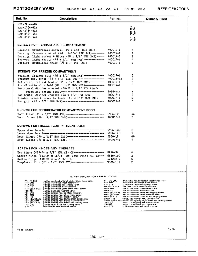 Freezer Dr/wheels/leveler/screws Page 4 Diagram and Parts List for 2484-42A  Admiral Refrigerator