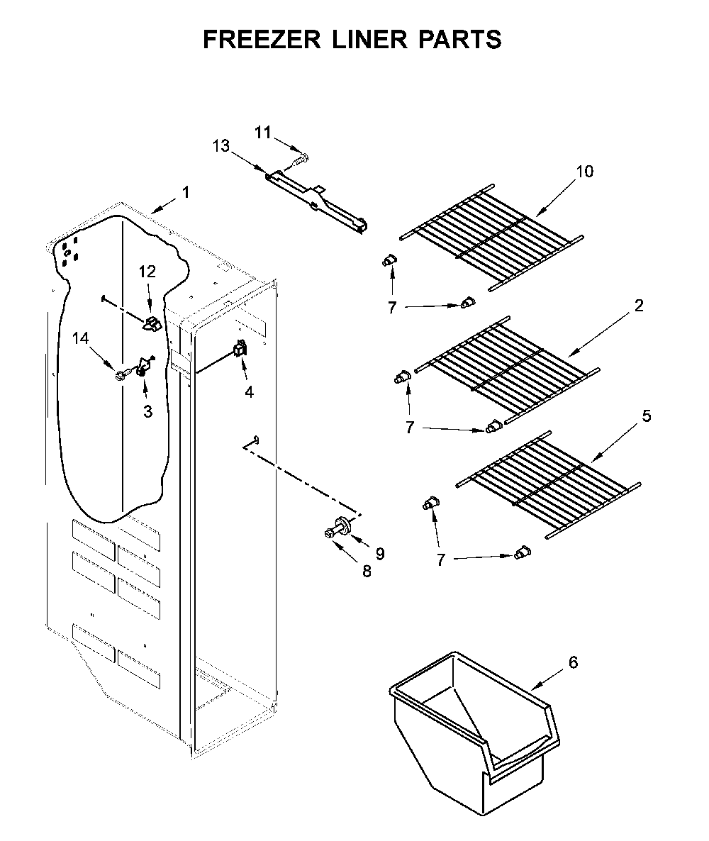 Freezer Liner Parts Diagram and Parts List for 1064650042714  Kenmore Refrigerator