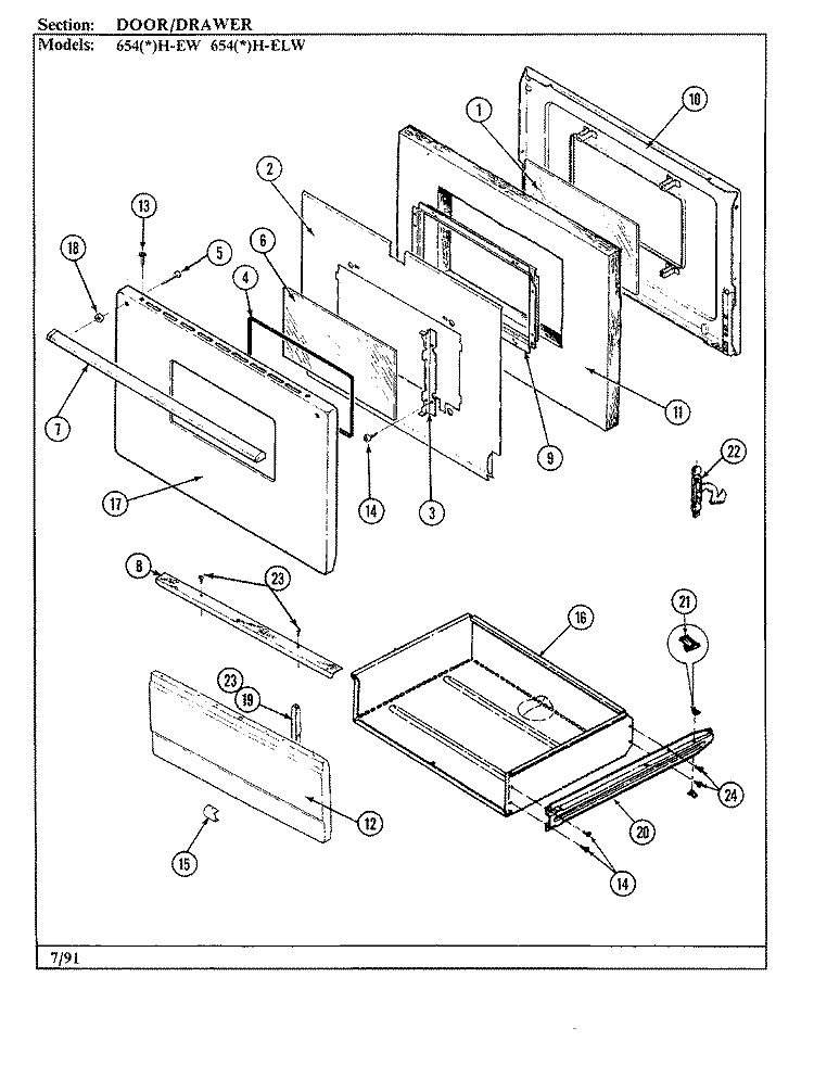 DOOR / DRAWER (654xH - EW, 654xH - ELW) Diagram and Parts List for 654AH-EW  Admiral Range
