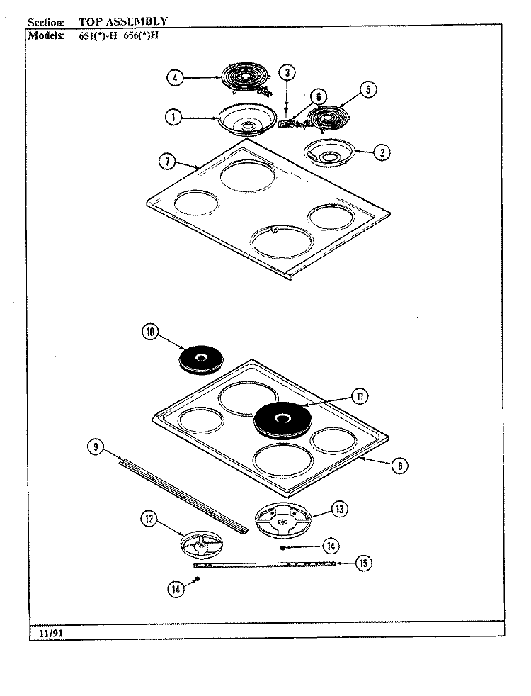 TOP ASSY. Diagram and Parts List for 651WH  Admiral Range