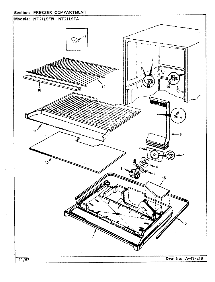FREEZER COMPARTMENT Diagram and Parts List for NT21L9FA CA72A Admiral Refrigerator