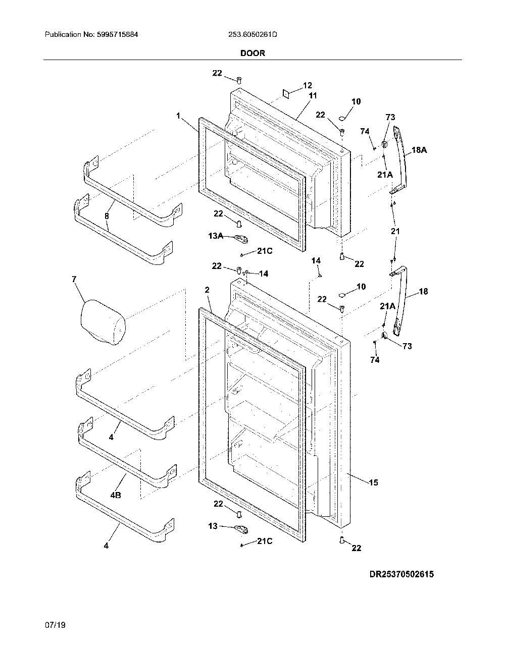Doors Diagram and Parts List for 2536050261D  Kenmore Refrigerator