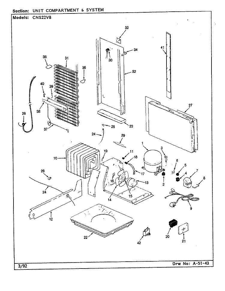 UNIT COMPARTMENT & SYSTEM Diagram and Parts List for CNS22V8 CR16A Admiral Refrigerator