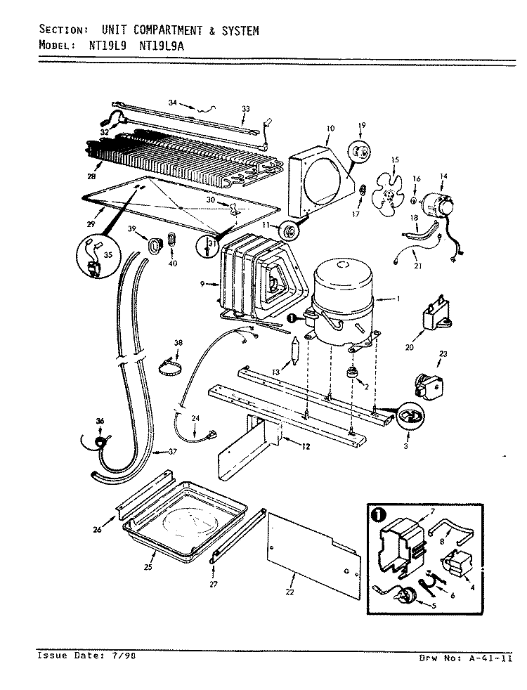 UNIT COMPARTMENT & SYSTEM Diagram and Parts List for NT19L9A AA62A Admiral Refrigerator