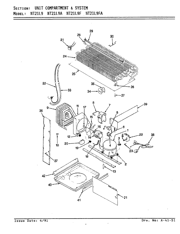 UNIT COMPARTMENT & SYSTEM Diagram and Parts List for NT21L9F BA73A Admiral Refrigerator