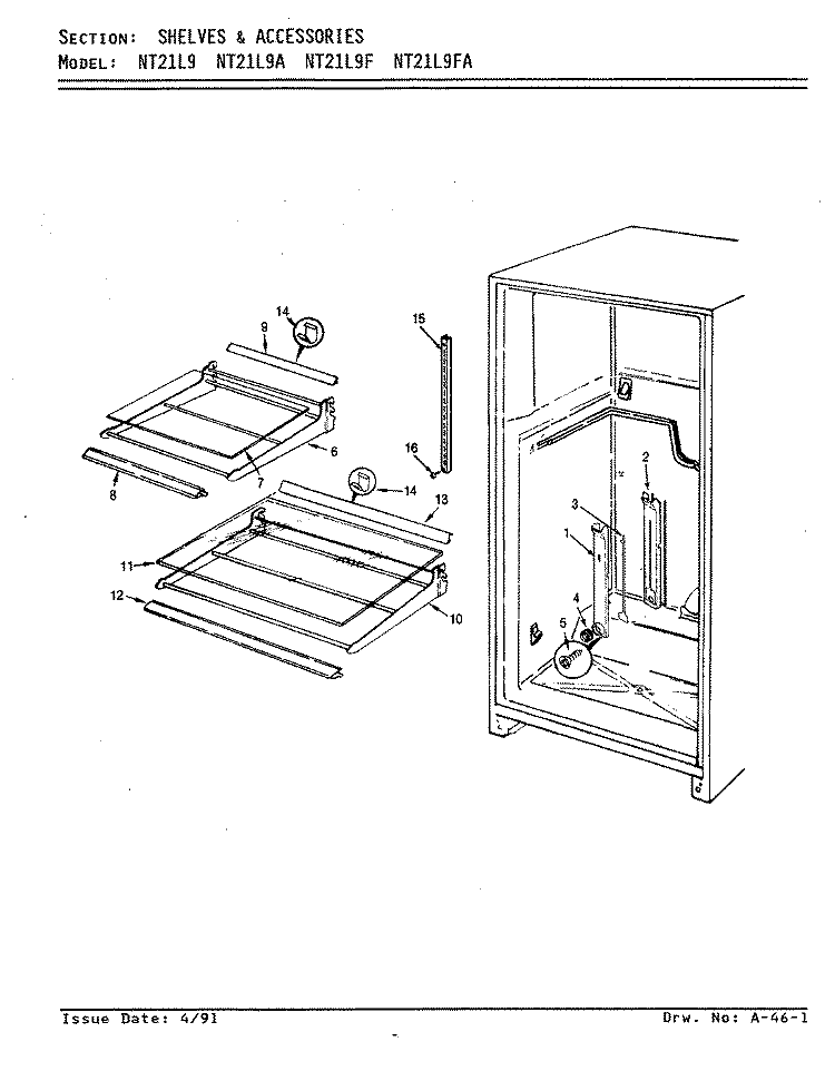 SHELVES & ACCESSORIES Diagram and Parts List for NT21L9F BA73A Admiral Refrigerator