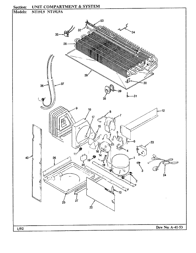 UNIT COMPARTMENT & SYSTEM Diagram and Parts List for NT19L9 BA61B Admiral Refrigerator