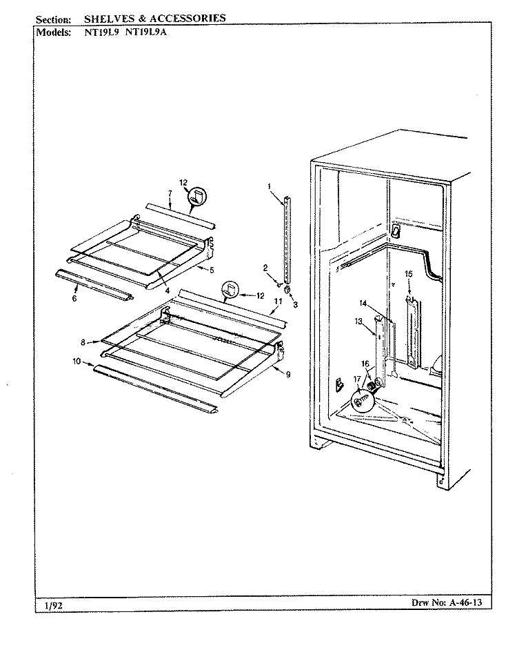 SHELVES & ACCESSORIES Diagram and Parts List for NT19L9 BA61B Admiral Refrigerator