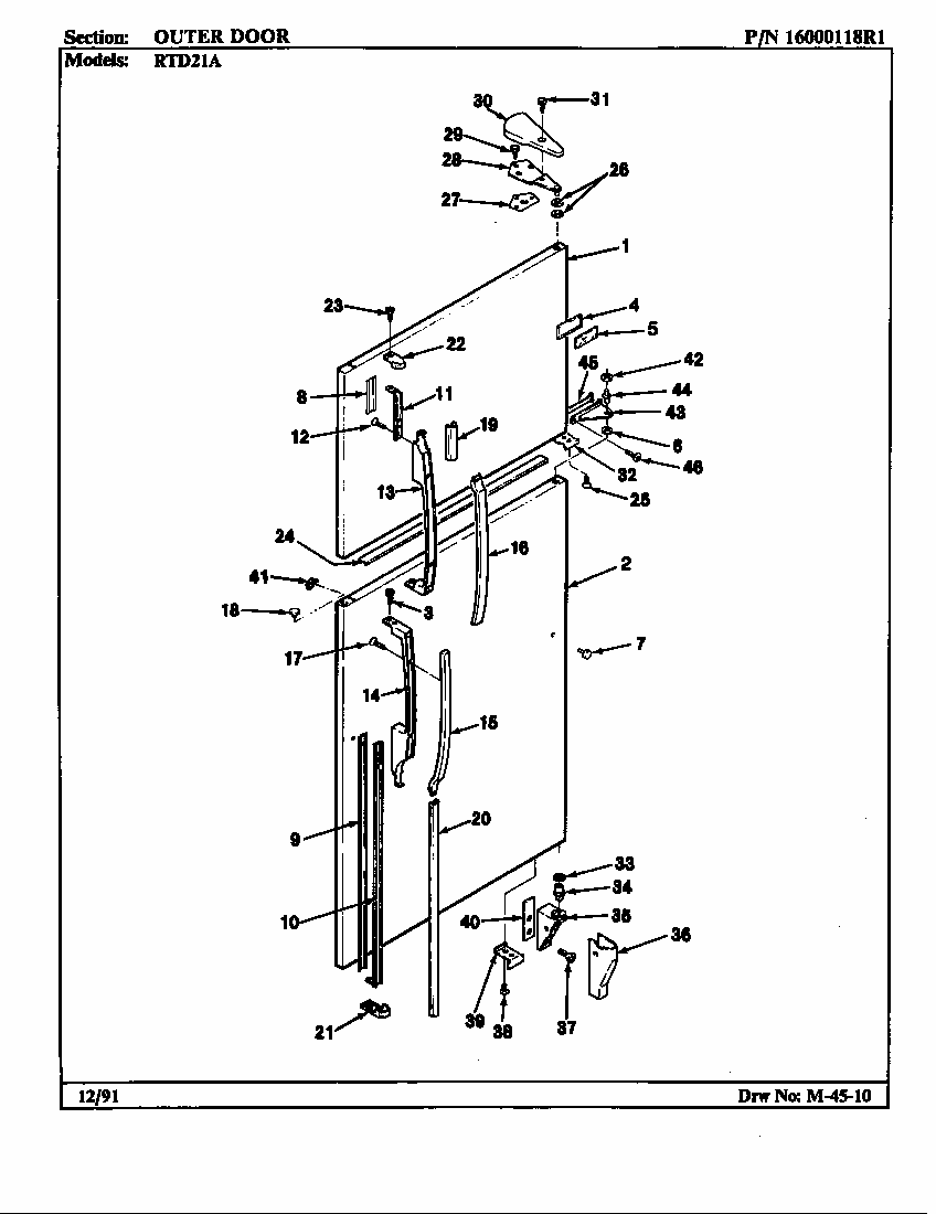 Outer Door Diagram and Parts List for RTD21A-AH71F  Maytag Refrigerator