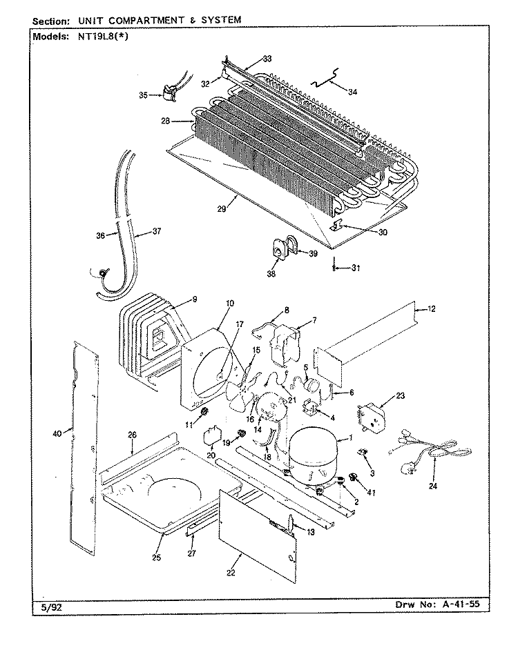 UNIT COMPARTMENT & SYSTEM Diagram and Parts List for NT19L8A CA55A Admiral Refrigerator