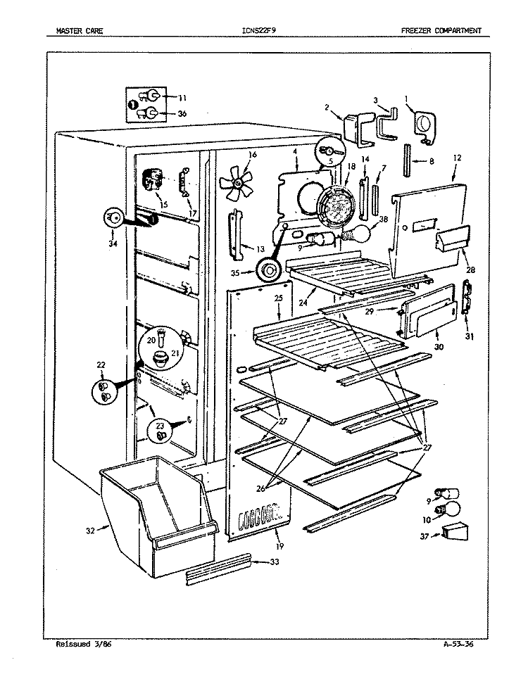 FREEZER COMPARTMENT Diagram and Parts List for ICNS22F9A 5L47A Admiral Refrigerator
