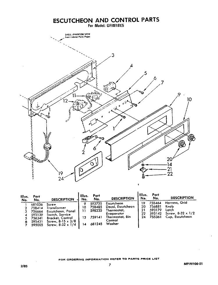 ESCUTCHEON \ CONTROL Diagram and Parts List for GFIM18E5  Maytag Ice Maker