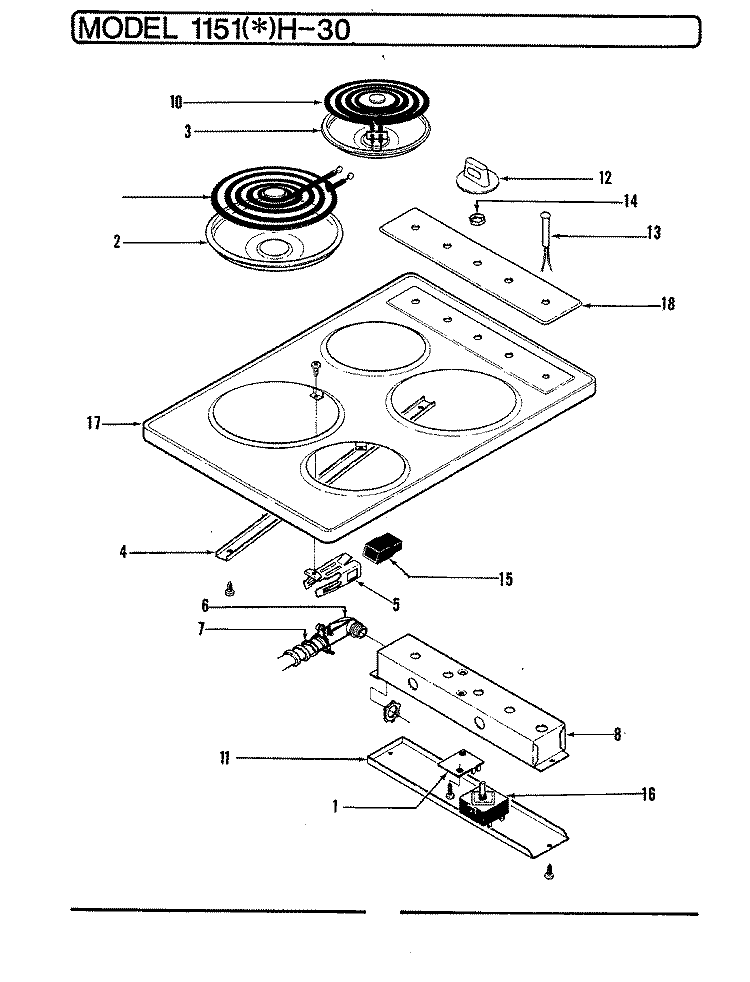 TOP ASSY. Diagram and Parts List for 1151AH-30  Hoover Cooktop