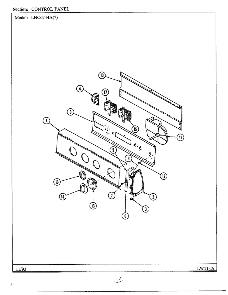 Control Panel Diagram and Parts List for 6744B  Norge Washer