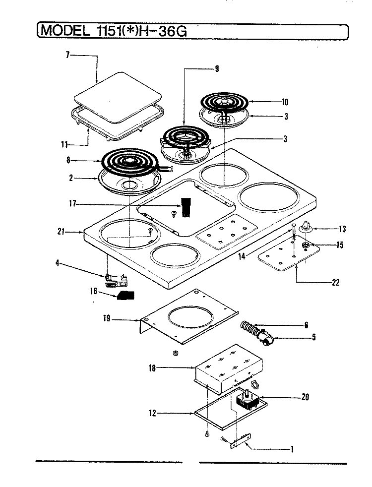TOP ASSEMBLY Diagram and Parts List for 1151WH-36G  Hoover Cooktop