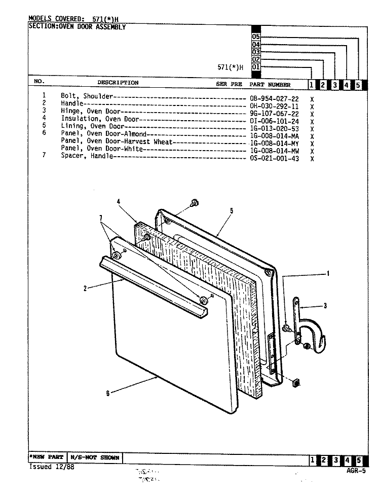 DOOR Diagram and Parts List for 571WH  Admiral Range