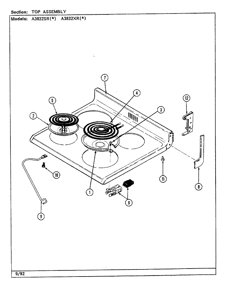 TOP ASSEMBLY Diagram and Parts List for A3832SRA  Admiral Range