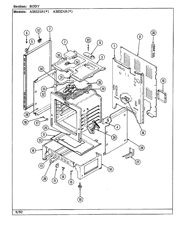 BODY Diagram and Parts List for A3832SRA  Admiral Range