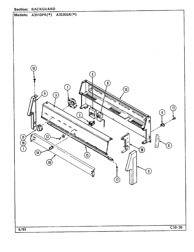CONTROL PANEL Diagram and Parts List for A3510PRW  Admiral Range