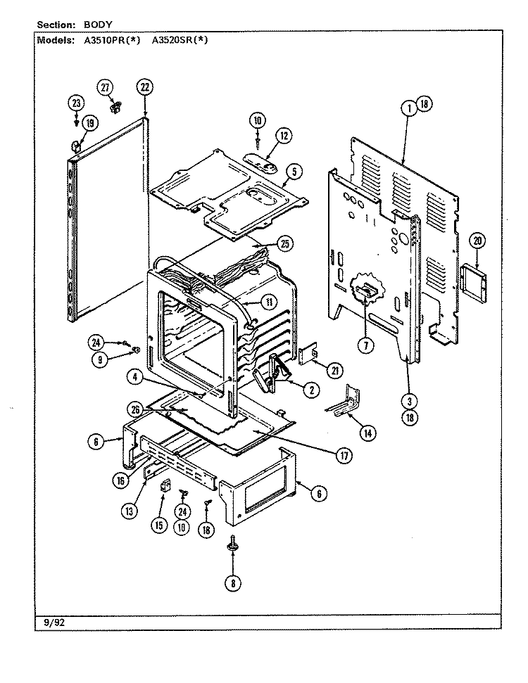 BODY Diagram and Parts List for A3510PRW  Admiral Range