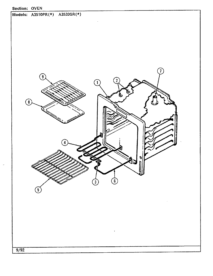 OVEN Diagram and Parts List for A3510PRW  Admiral Range