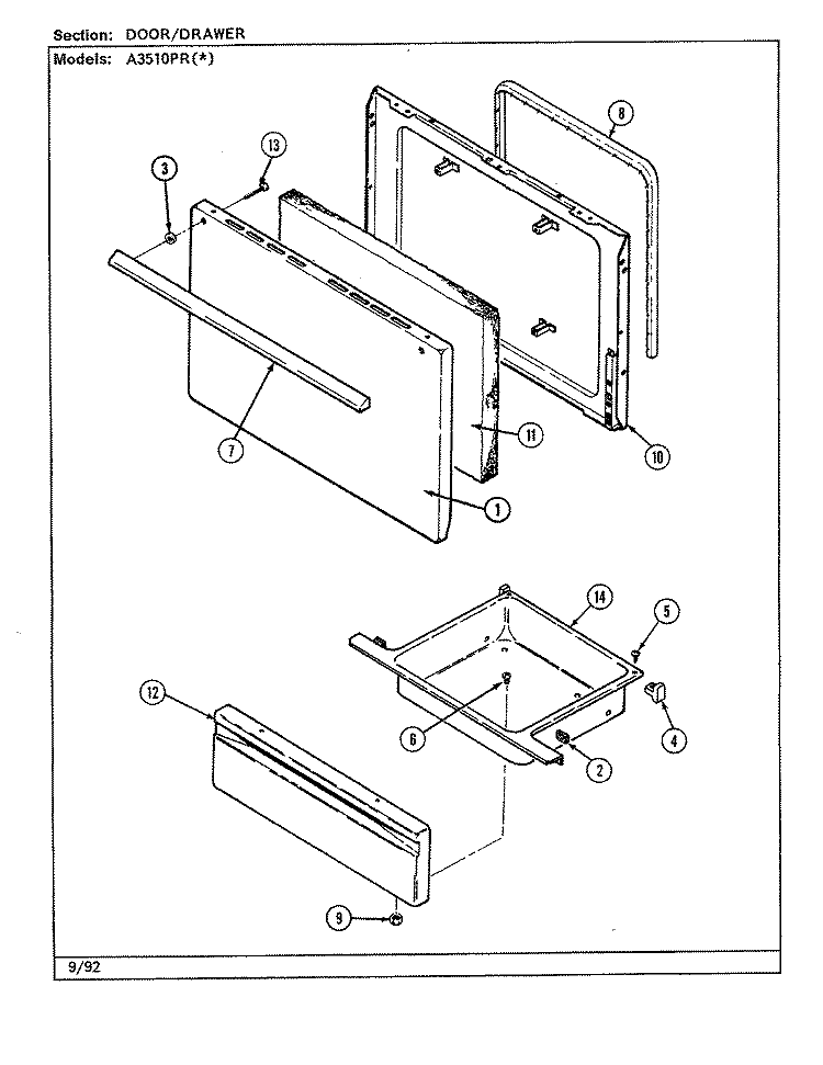DOOR / DRAWER (A3510PR) Diagram and Parts List for A3510PRW  Admiral Range