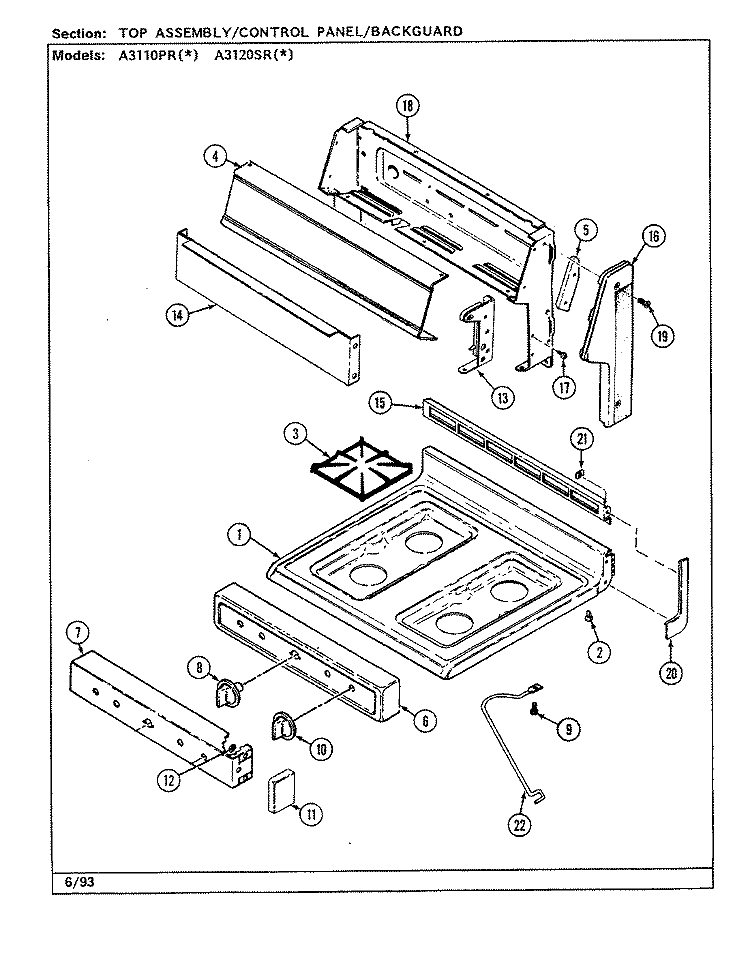 TOP ASSEMBLY Diagram and Parts List for A3110PRW  Admiral Range