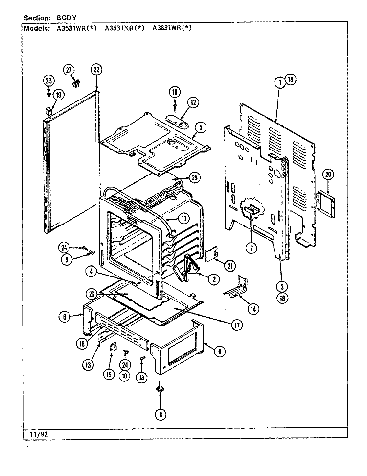 BODY Diagram and Parts List for A3531XRA  Admiral Range