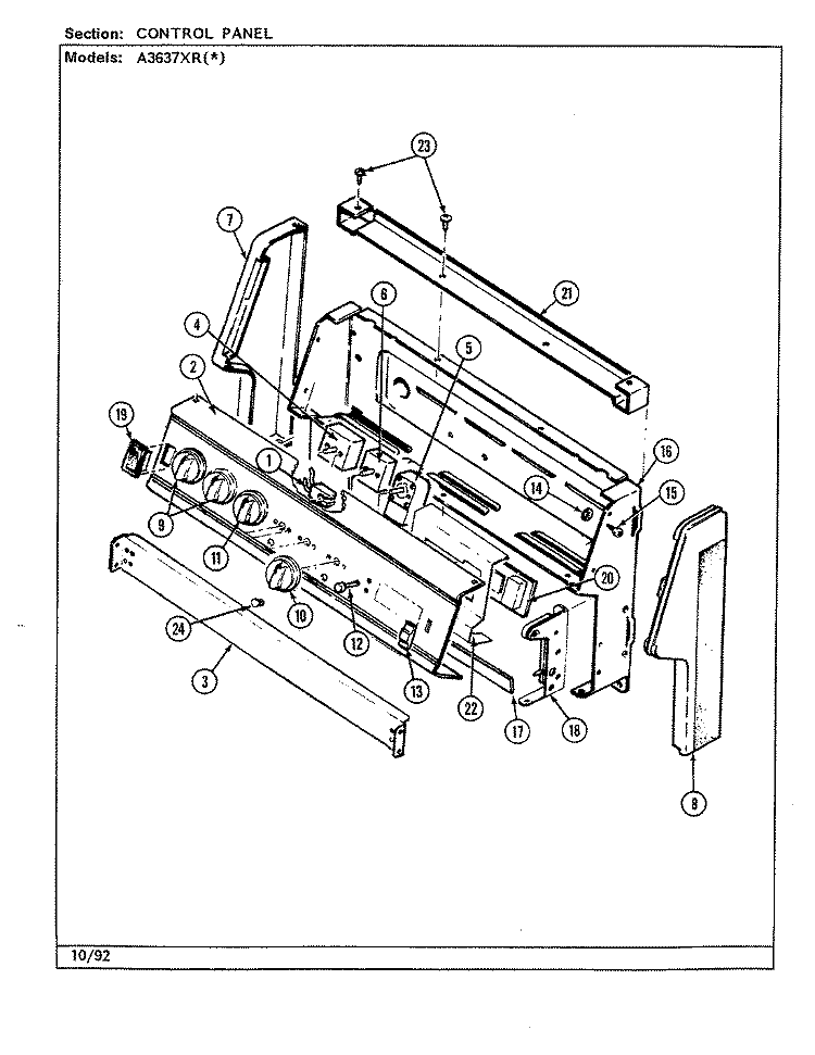 CONTROL PANEL Diagram and Parts List for A3637XRW  Admiral Range