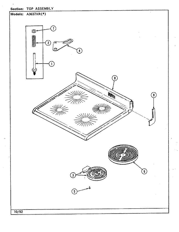 TOP ASSEMBLY Diagram and Parts List for A3637XRW  Admiral Range