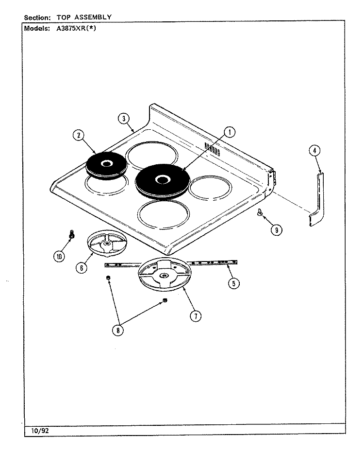 TOP ASSEMBLY Diagram and Parts List for A3875XRW  Admiral Range