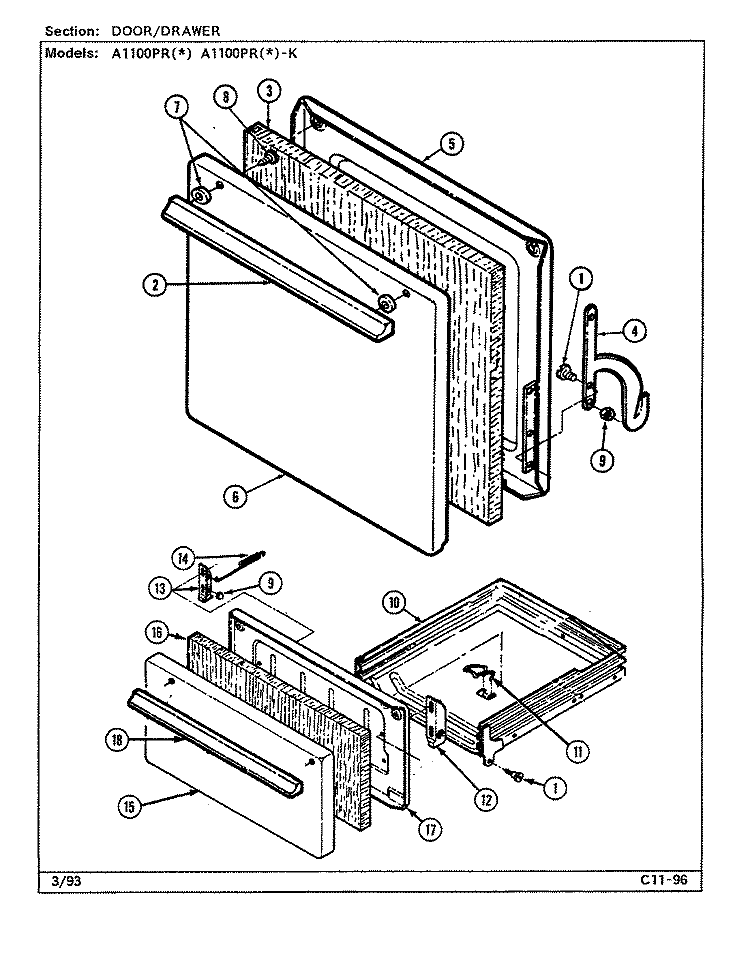 DOOR / DRAWER Diagram and Parts List for A1100PRA-K  Admiral Range