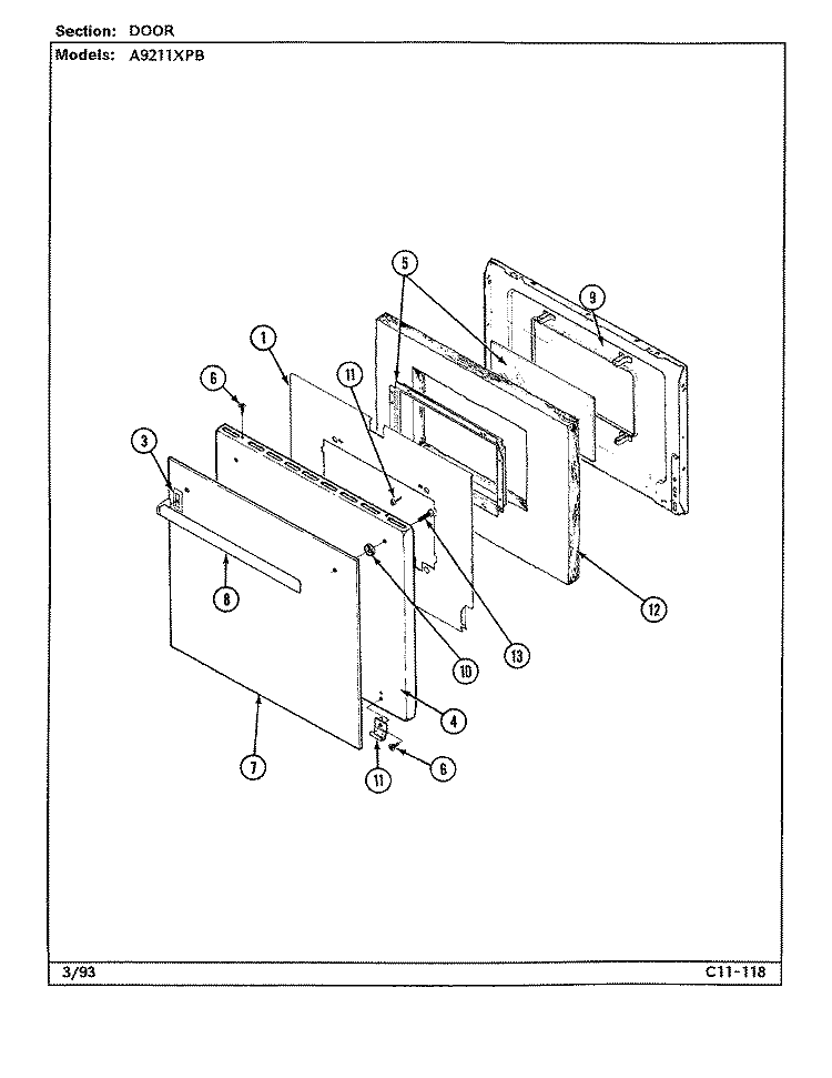 DOOR Diagram and Parts List for A9211XPB  Admiral Range